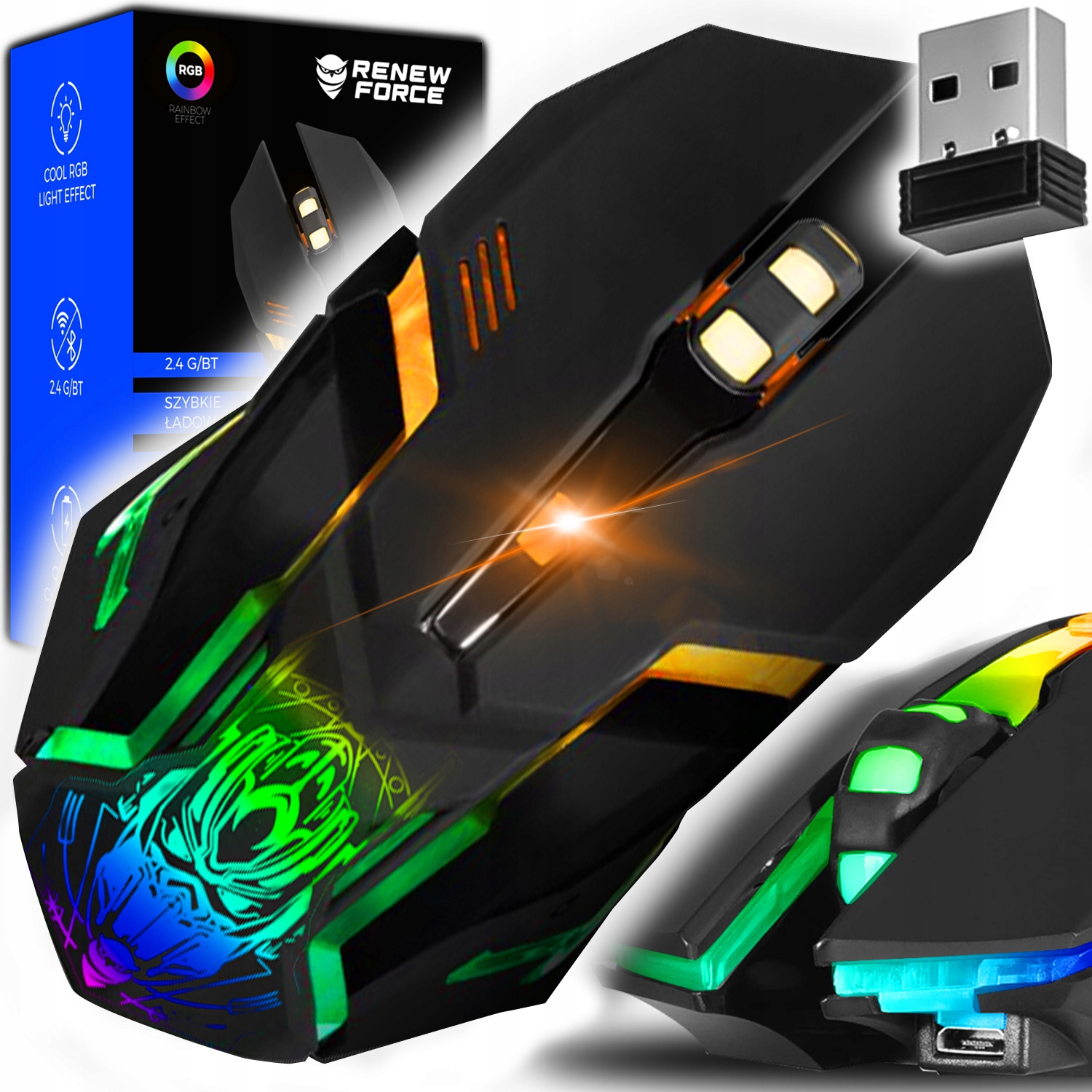 Bezdrôtová myš RENEW FORCE VEĽKÁ BATÉRIA RGB LIGHT GAMING MOUSE 3 laserový senzor